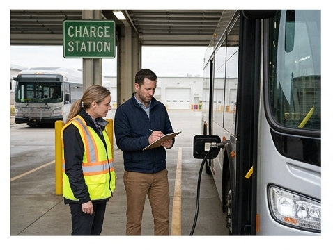 Elektrobus an der Ladestation im Betriebshof