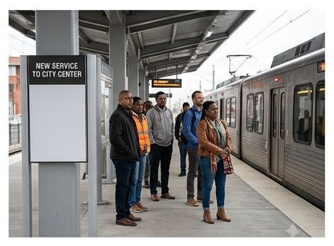 Fahrgäste am Bahnsteig einer neuen Stadtbahnlinie