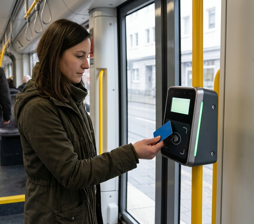 Fahrgast validiert eine kontaktlose Karte am Bordvalidator in der Straßenbahn